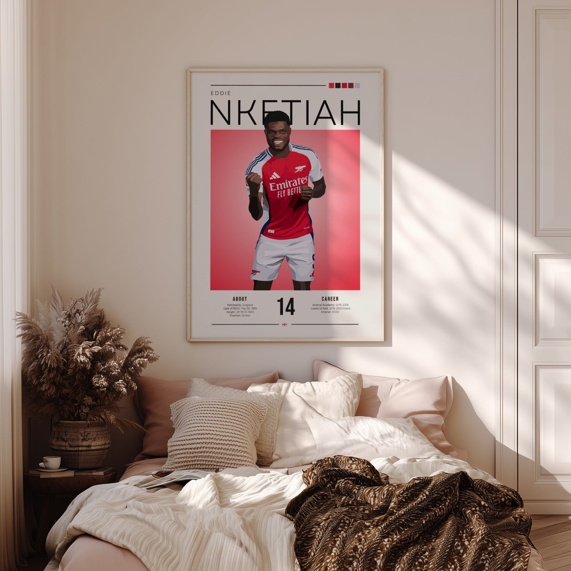 Eddie Nketiah poster featuring vibrant colors and dynamic design, perfect for sports wall art.