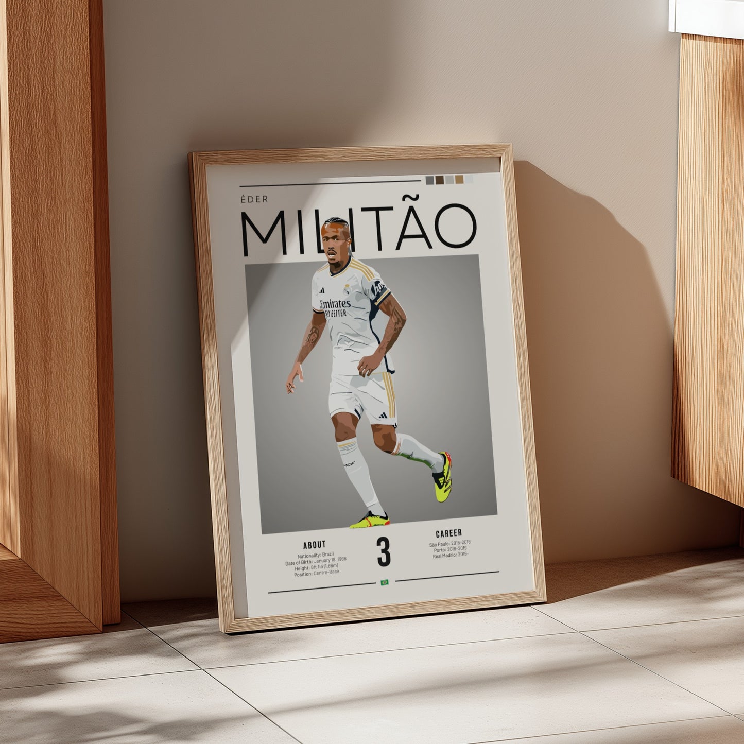 Éder Militão poster featuring Real Madrid football shirt, vibrant colors, modern design, sports wall art