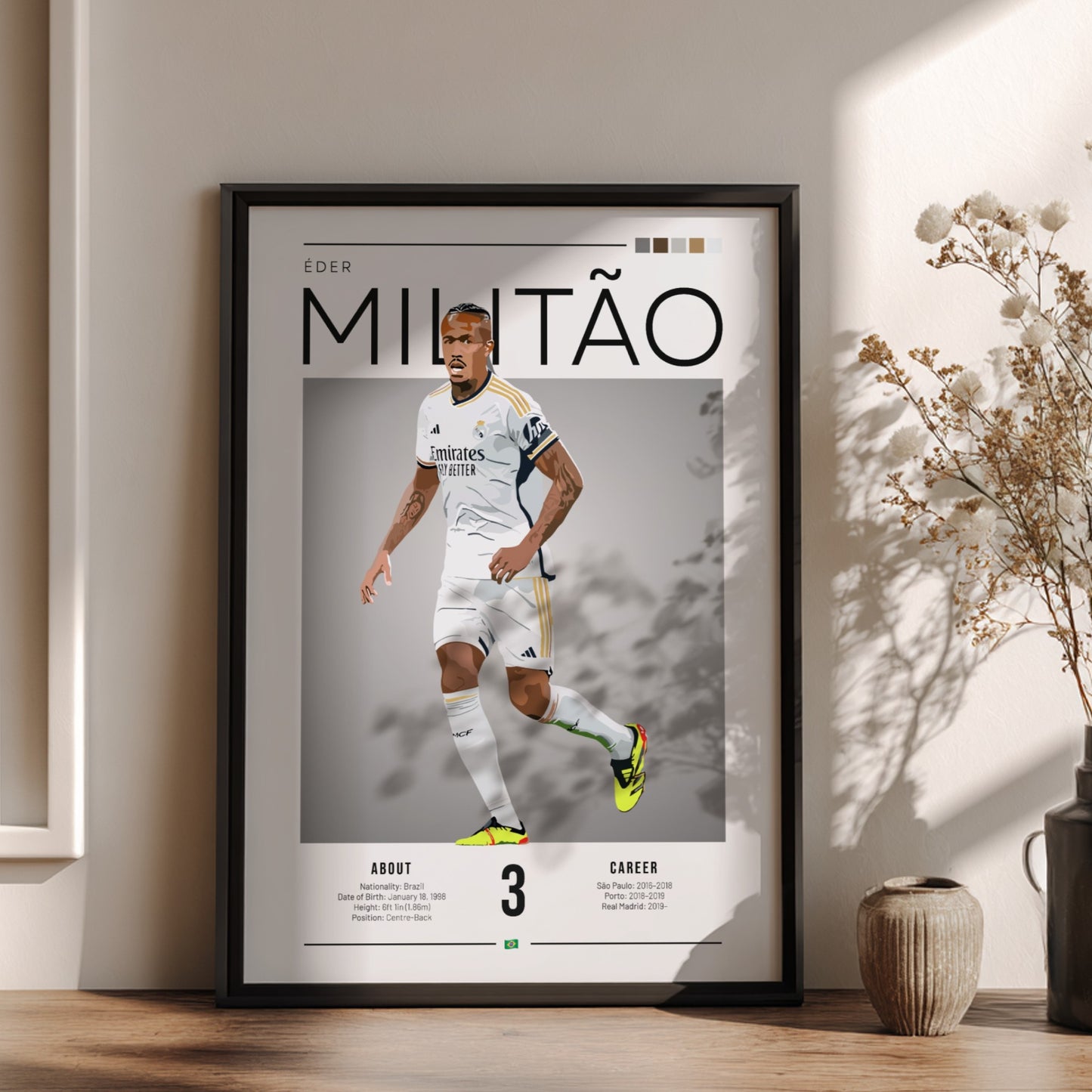 Éder Militão poster featuring Real Madrid football shirt, vibrant colors, modern design, sports wall art