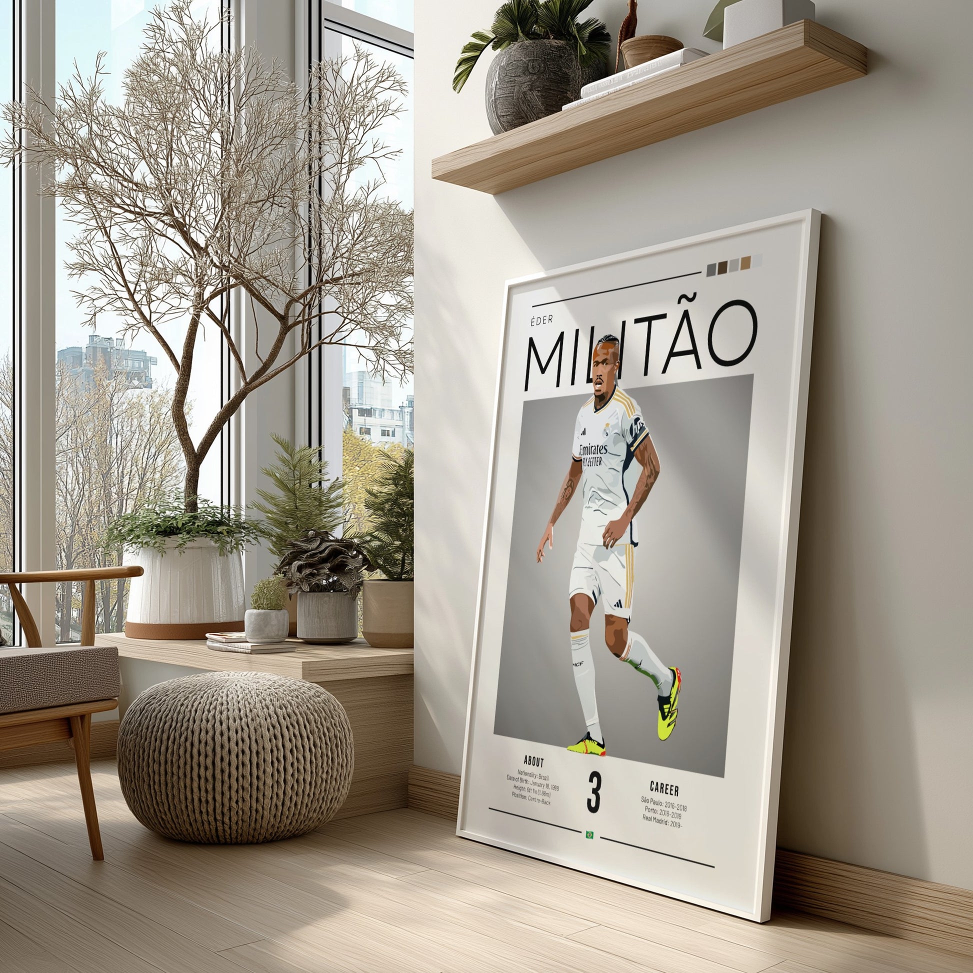 Éder Militão poster featuring Real Madrid football shirt, vibrant colors, modern design, sports wall art