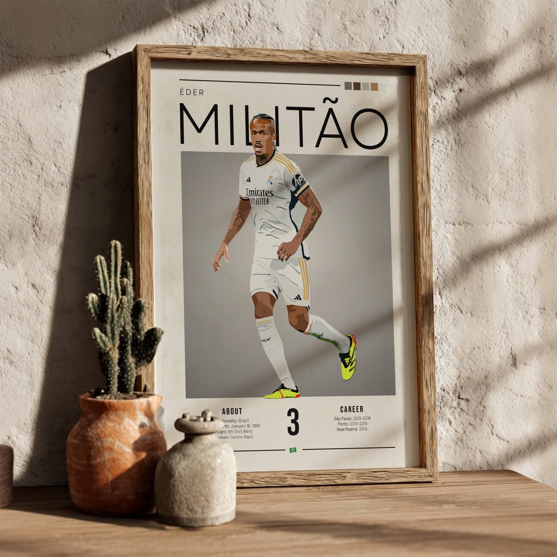 Éder Militão poster featuring Real Madrid football shirt, vibrant colors, modern design, sports wall art