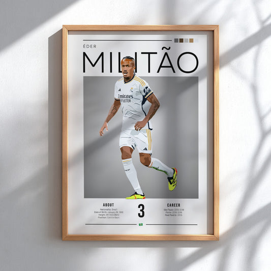 Éder Militão poster featuring Real Madrid football shirt, vibrant colors, modern design, sports wall art