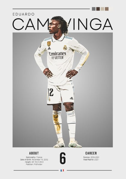 Eduardo Camavinga poster in Real Madrid football shirt, vibrant colors, modern design, sports wall art