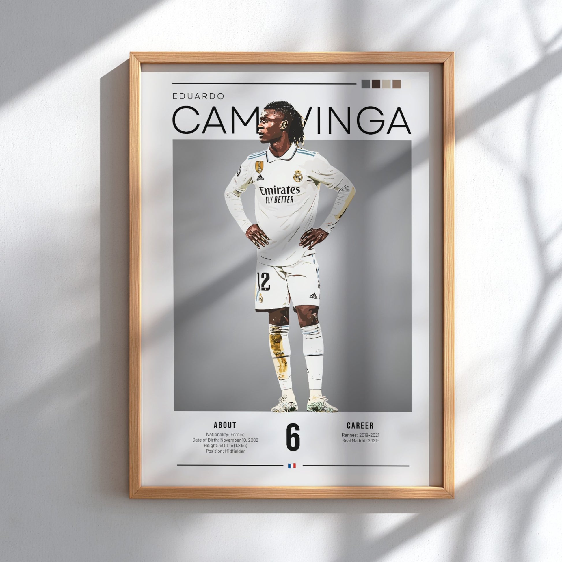 Eduardo Camavinga poster in Real Madrid football shirt, vibrant colors, modern design, sports wall art