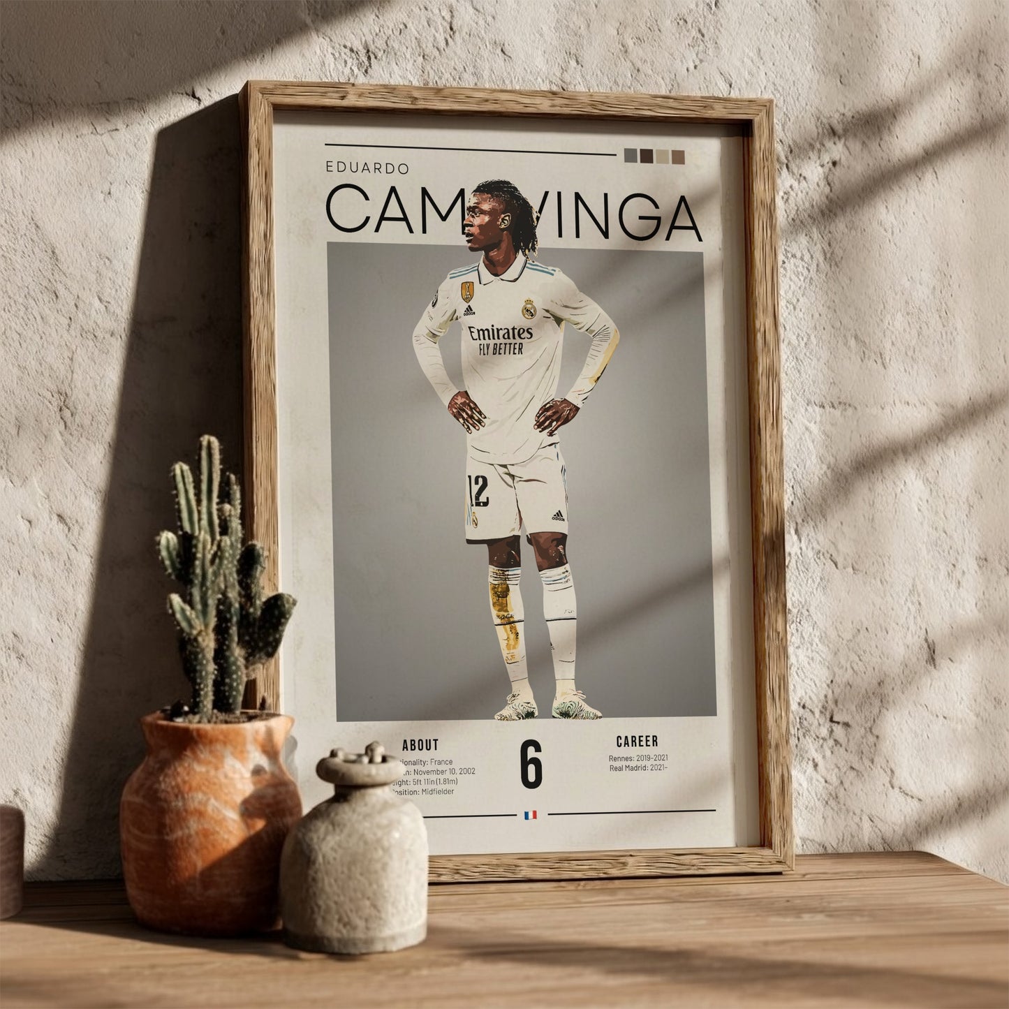 Eduardo Camavinga poster in Real Madrid football shirt, vibrant colors, modern design, sports wall art