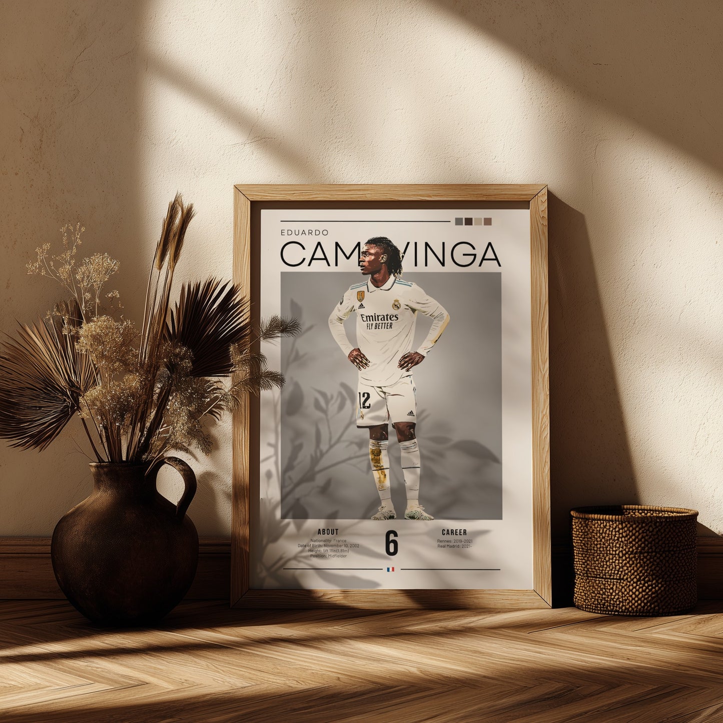 Eduardo Camavinga poster in Real Madrid football shirt, vibrant colors, modern design, sports wall art