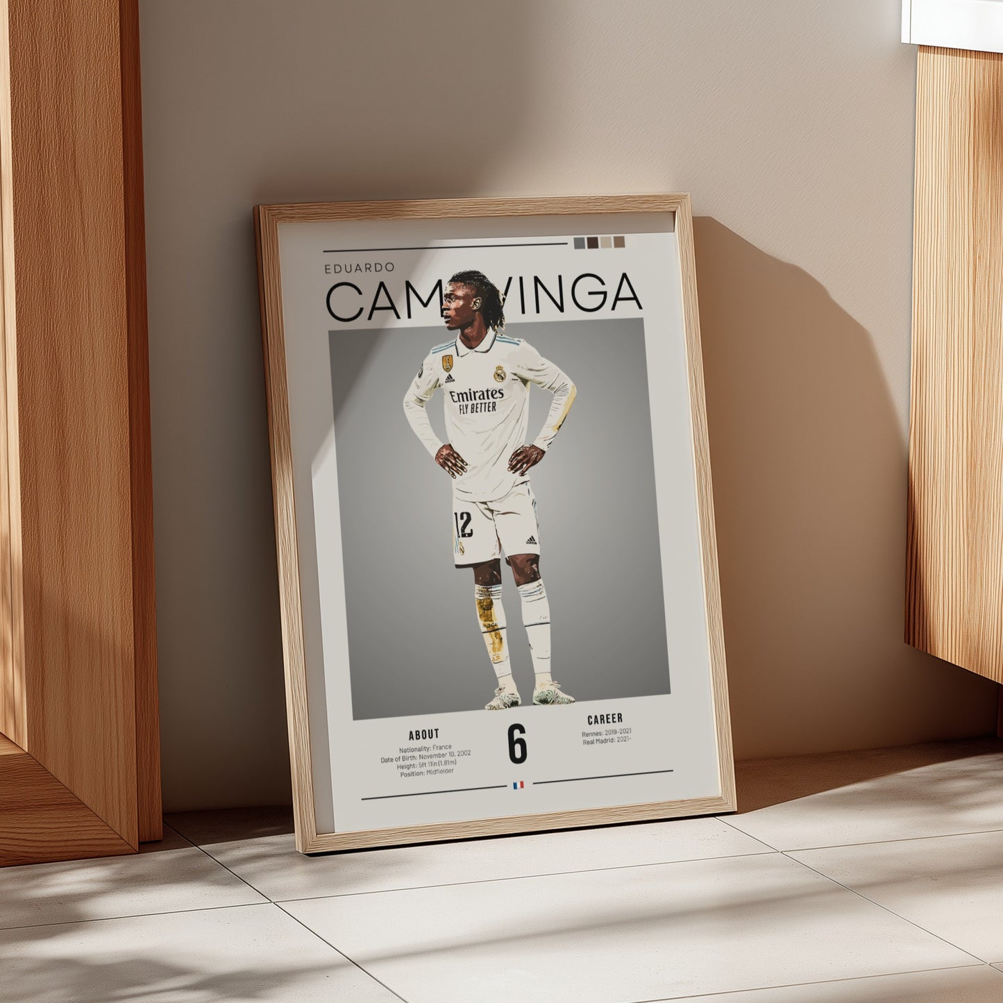 Eduardo Camavinga poster in Real Madrid football shirt, vibrant colors, modern design, sports wall art