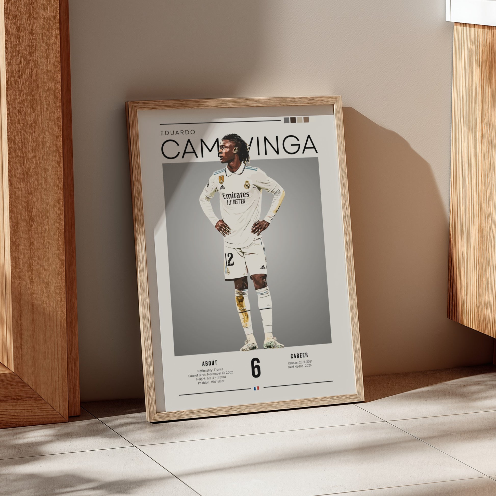 Eduardo Camavinga poster in Real Madrid football shirt, vibrant colors, modern design, sports wall art