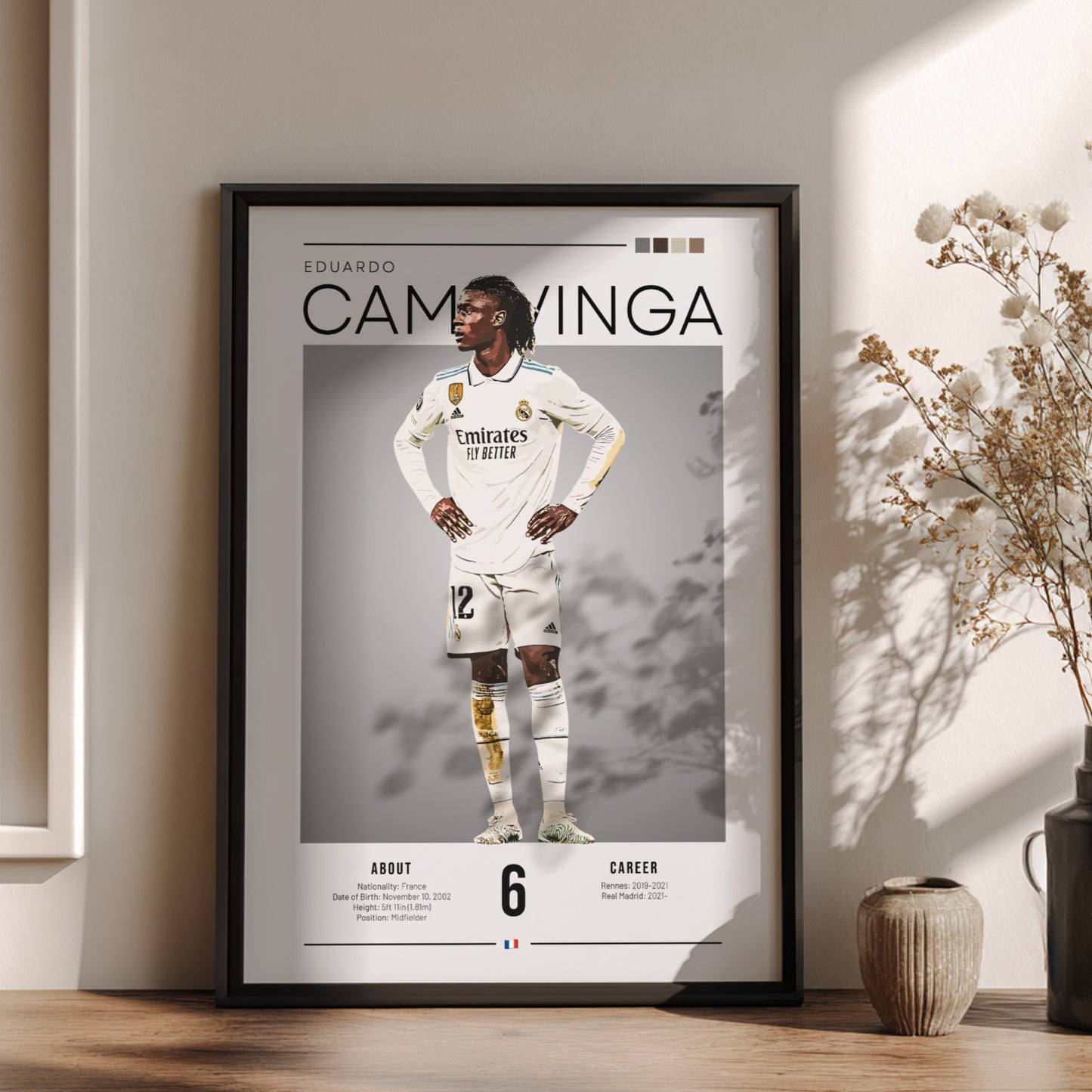 Eduardo Camavinga poster in Real Madrid football shirt, vibrant colors, modern design, sports wall art