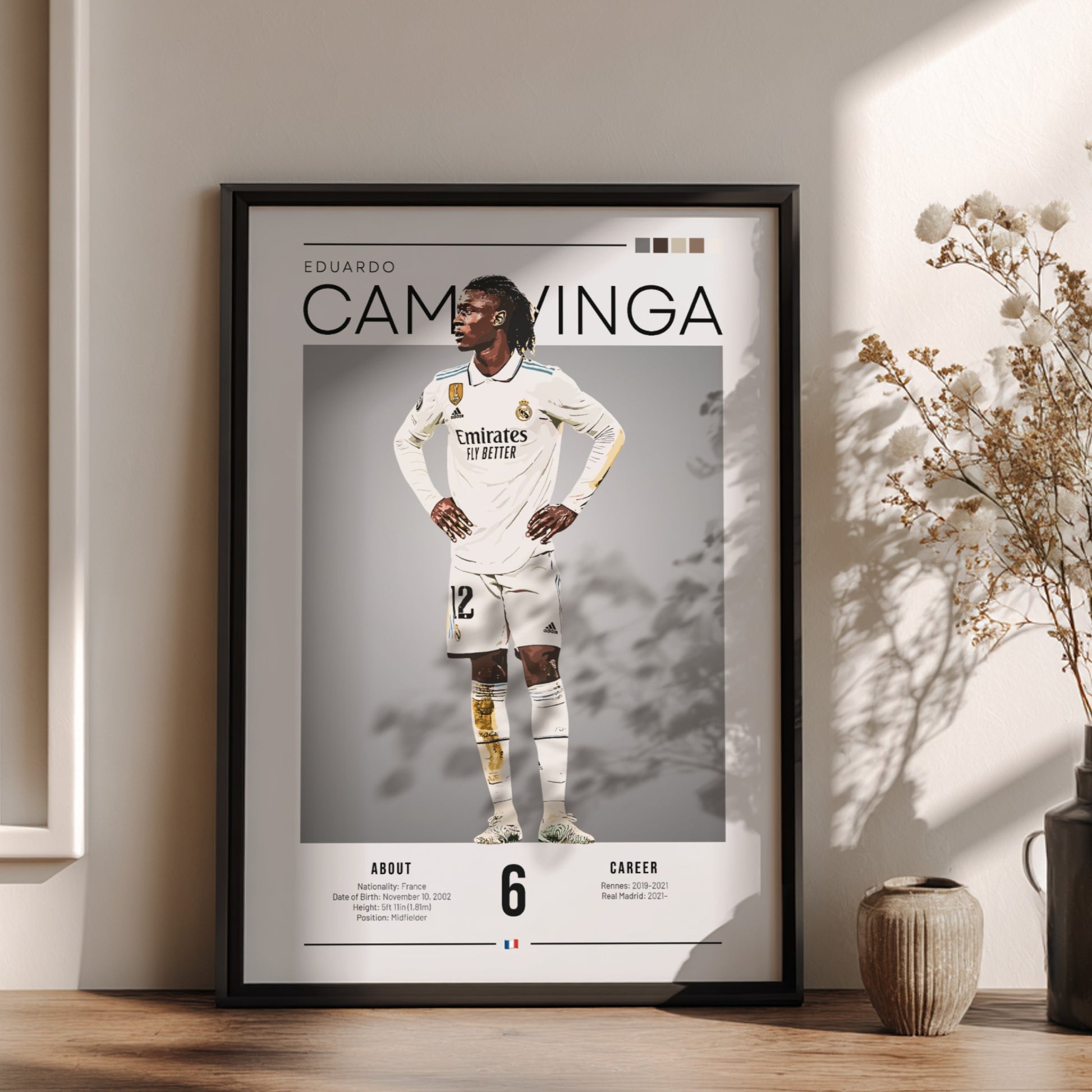 Eduardo Camavinga poster in Real Madrid football shirt, vibrant colors, modern design, sports wall art