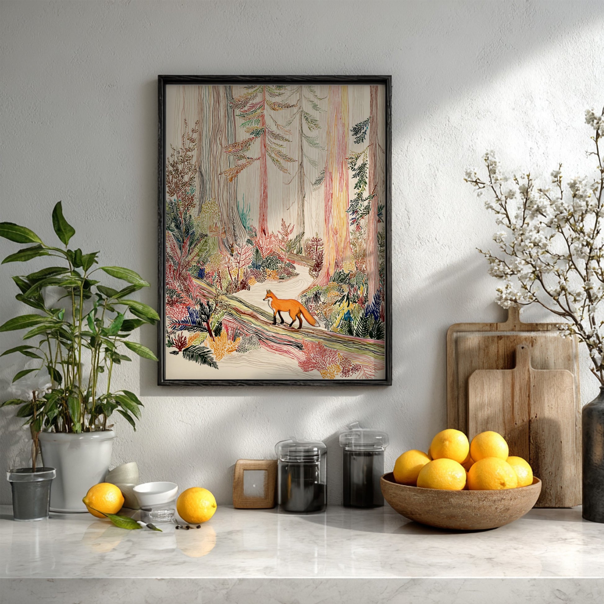 Cedar Fox Mist poster showing a fox walking on a log in a colorful forest.