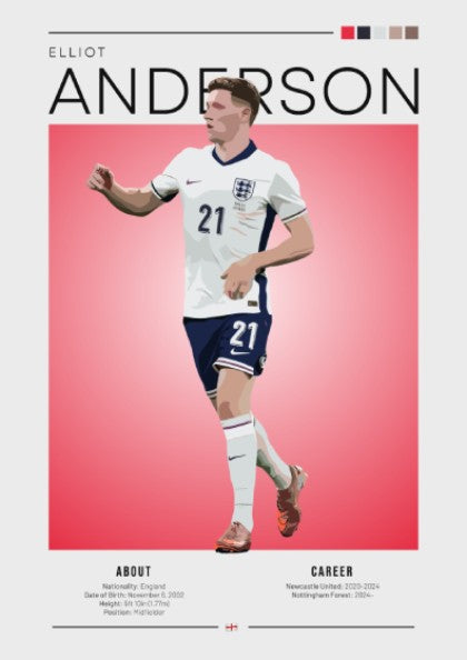 Elliot Anderson wall art featuring England National Team colors and dynamic illustration style