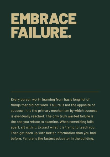 Motivational poster featuring 'Embrace Failure' quote in gold on green background, inspirational wall art for