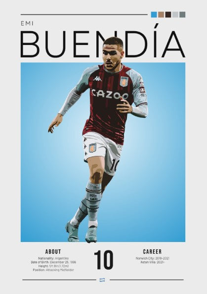 Emi Buendía football poster featuring Aston Villa shirt, vibrant blue background, modern sports art