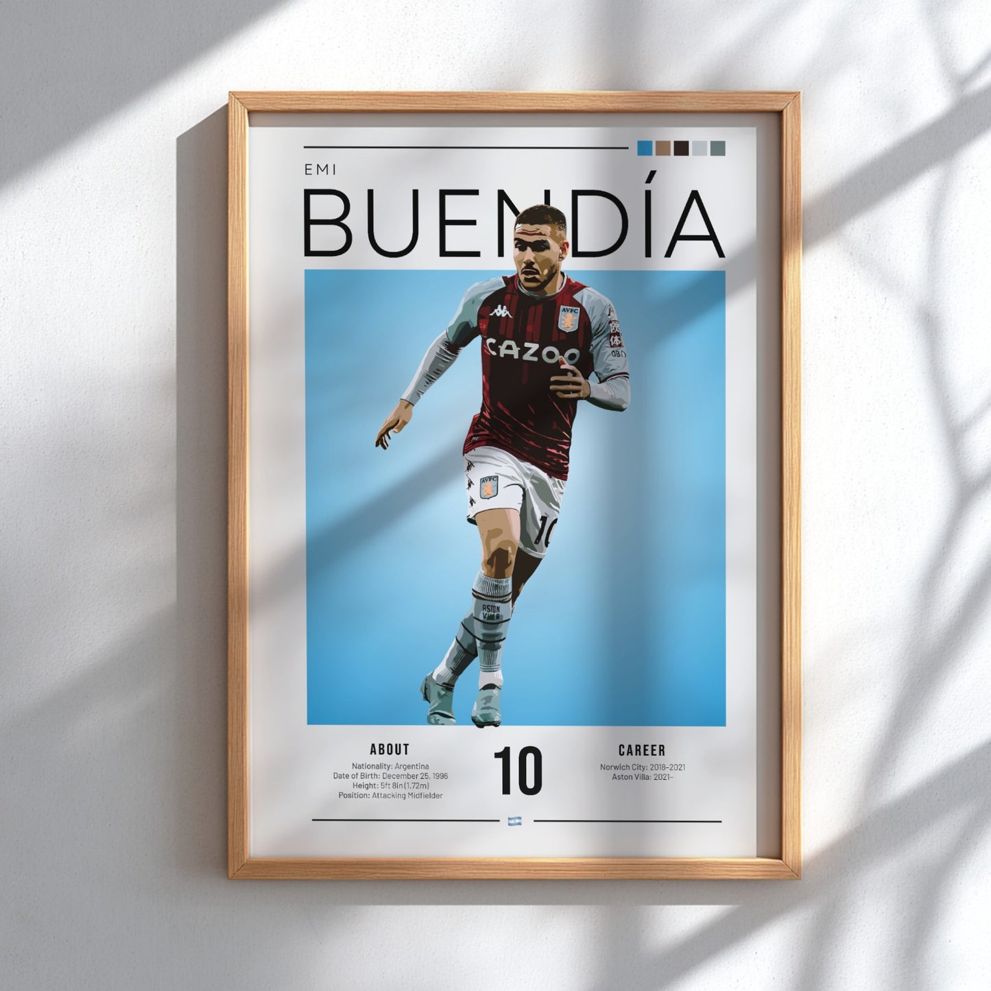 Emi Buendía football poster featuring Aston Villa shirt, vibrant blue background, modern sports art