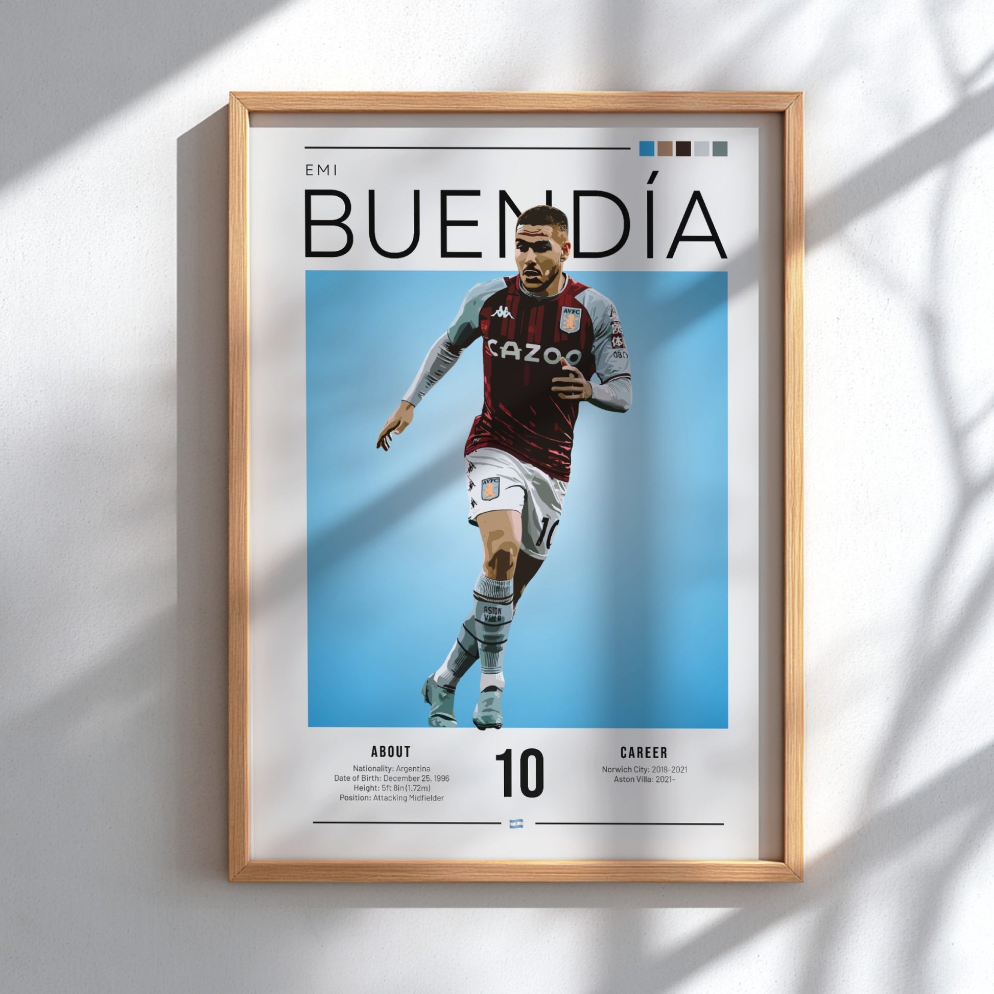 Emi Buendía football poster featuring Aston Villa shirt, vibrant blue background, modern sports art