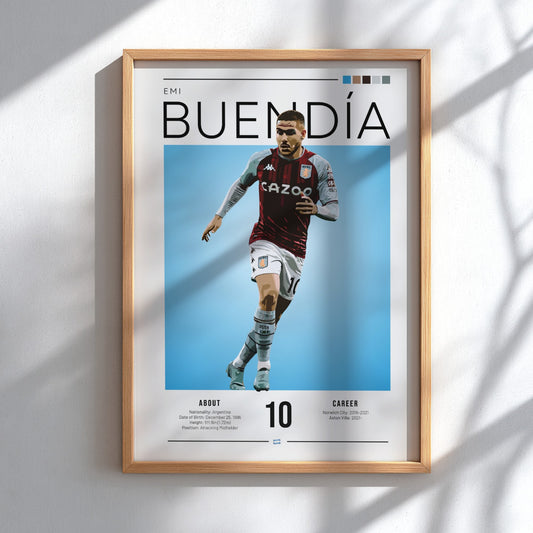 Emi Buendía football poster featuring Aston Villa shirt, vibrant blue background, modern sports art