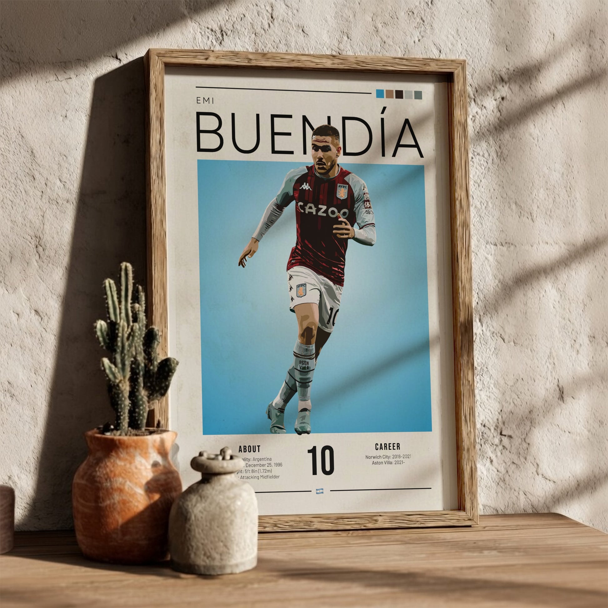 Emi Buendía football poster featuring Aston Villa shirt, vibrant blue background, modern sports art
