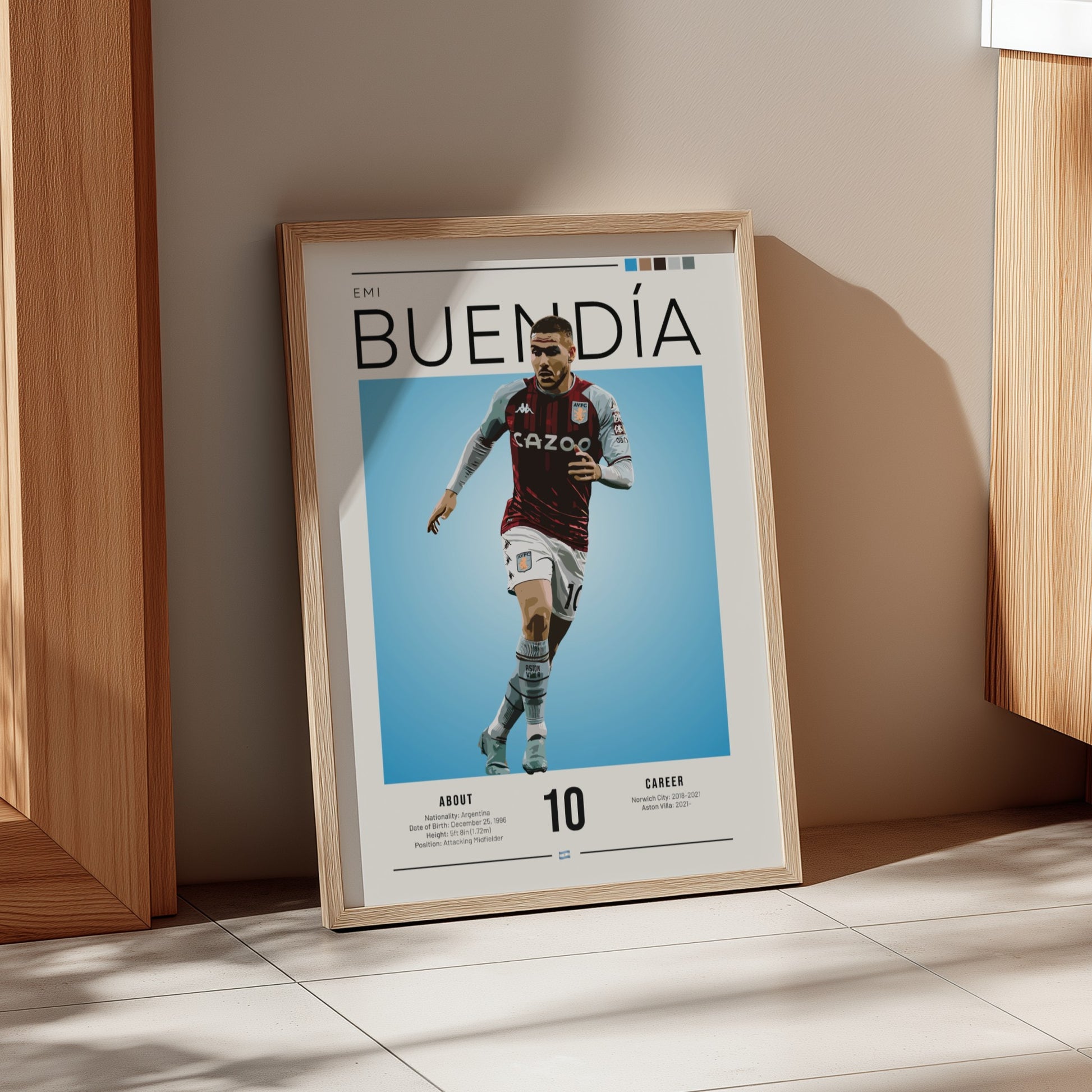 Emi Buendía football poster featuring Aston Villa shirt, vibrant blue background, modern sports art
