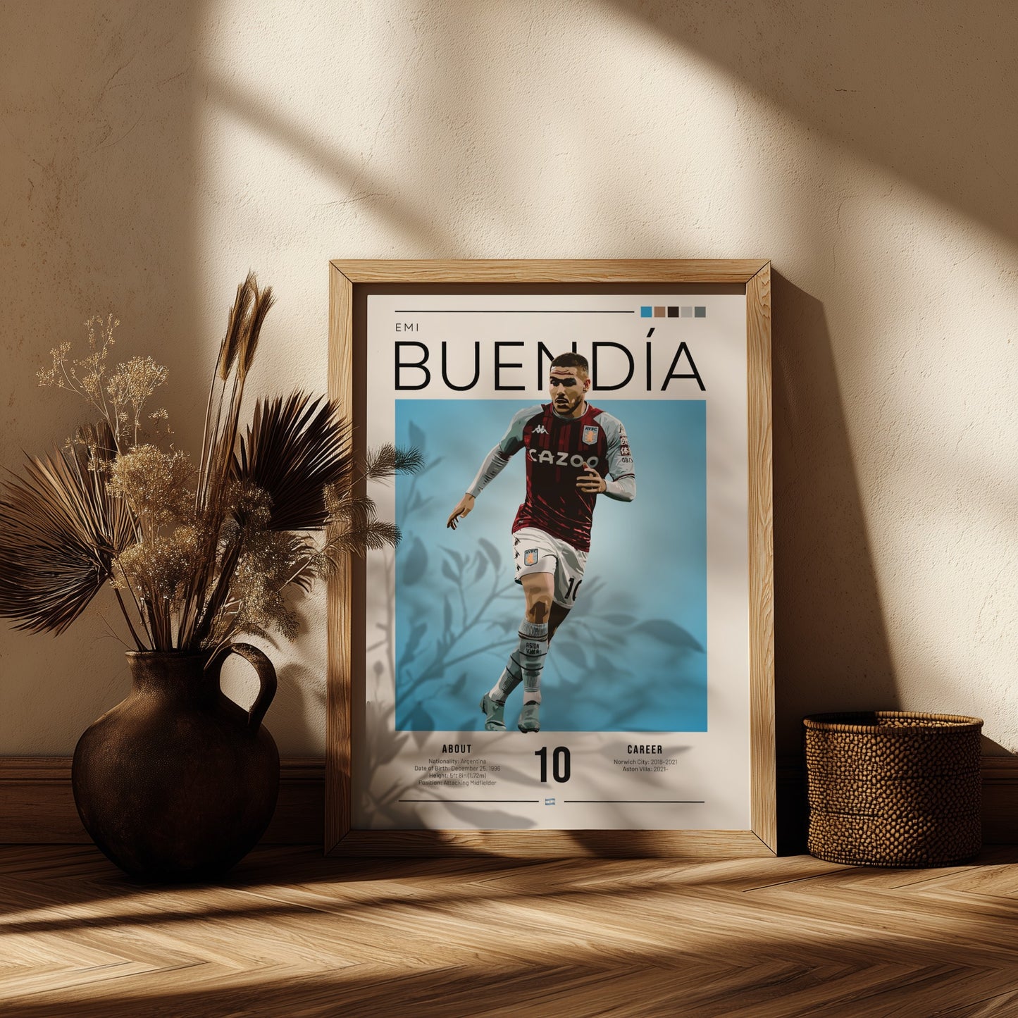 Emi Buendía football poster featuring Aston Villa shirt, vibrant blue background, modern sports art