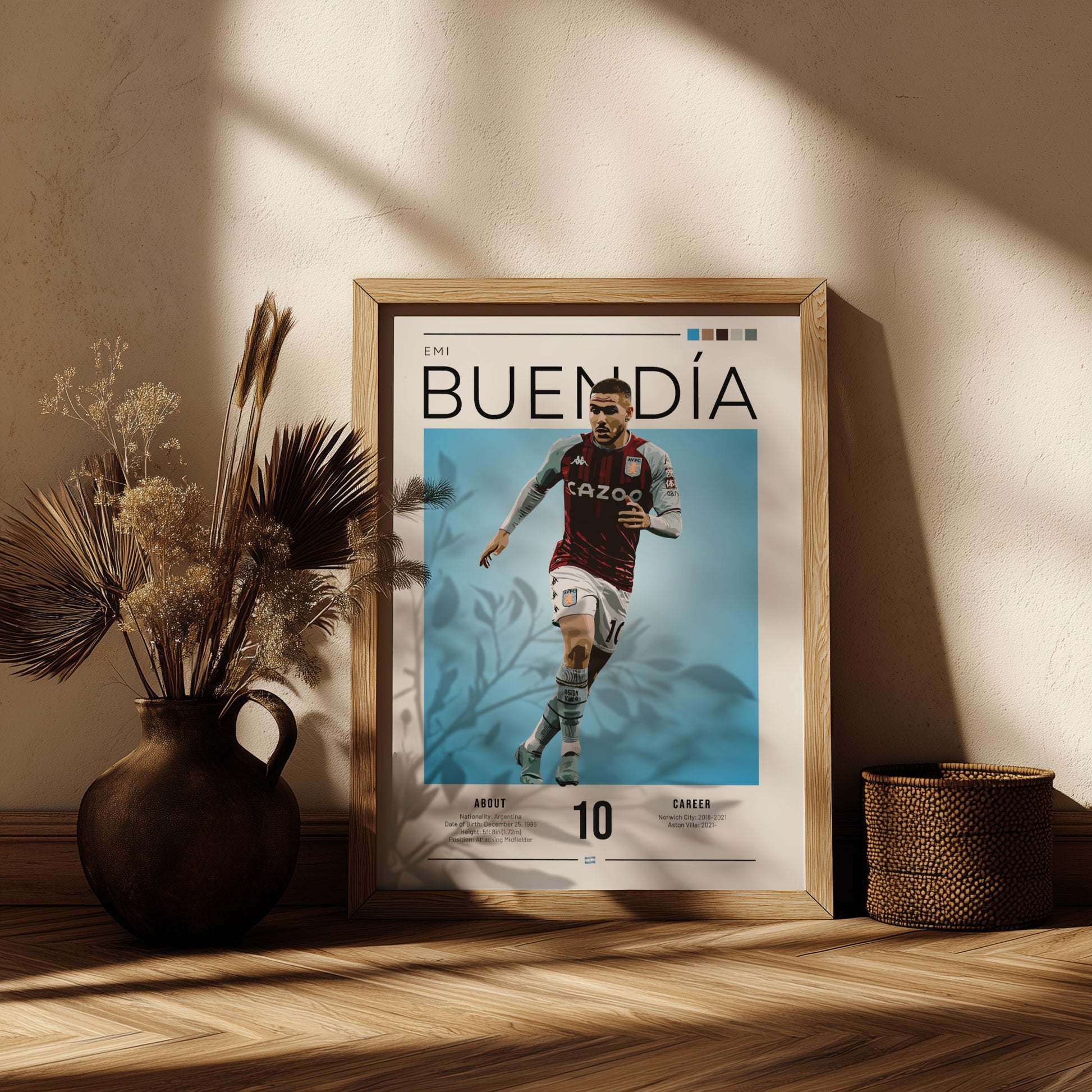 Emi Buendía football poster featuring Aston Villa shirt, vibrant blue background, modern sports art