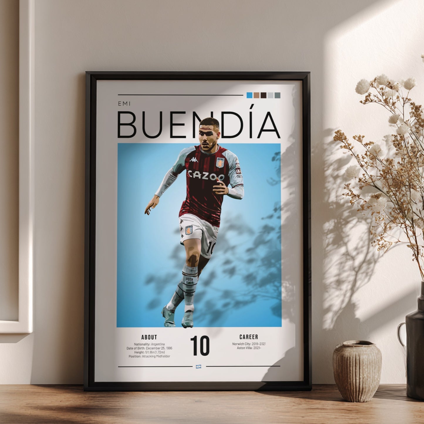 Emi Buendía football poster featuring Aston Villa shirt, vibrant blue background, modern sports art