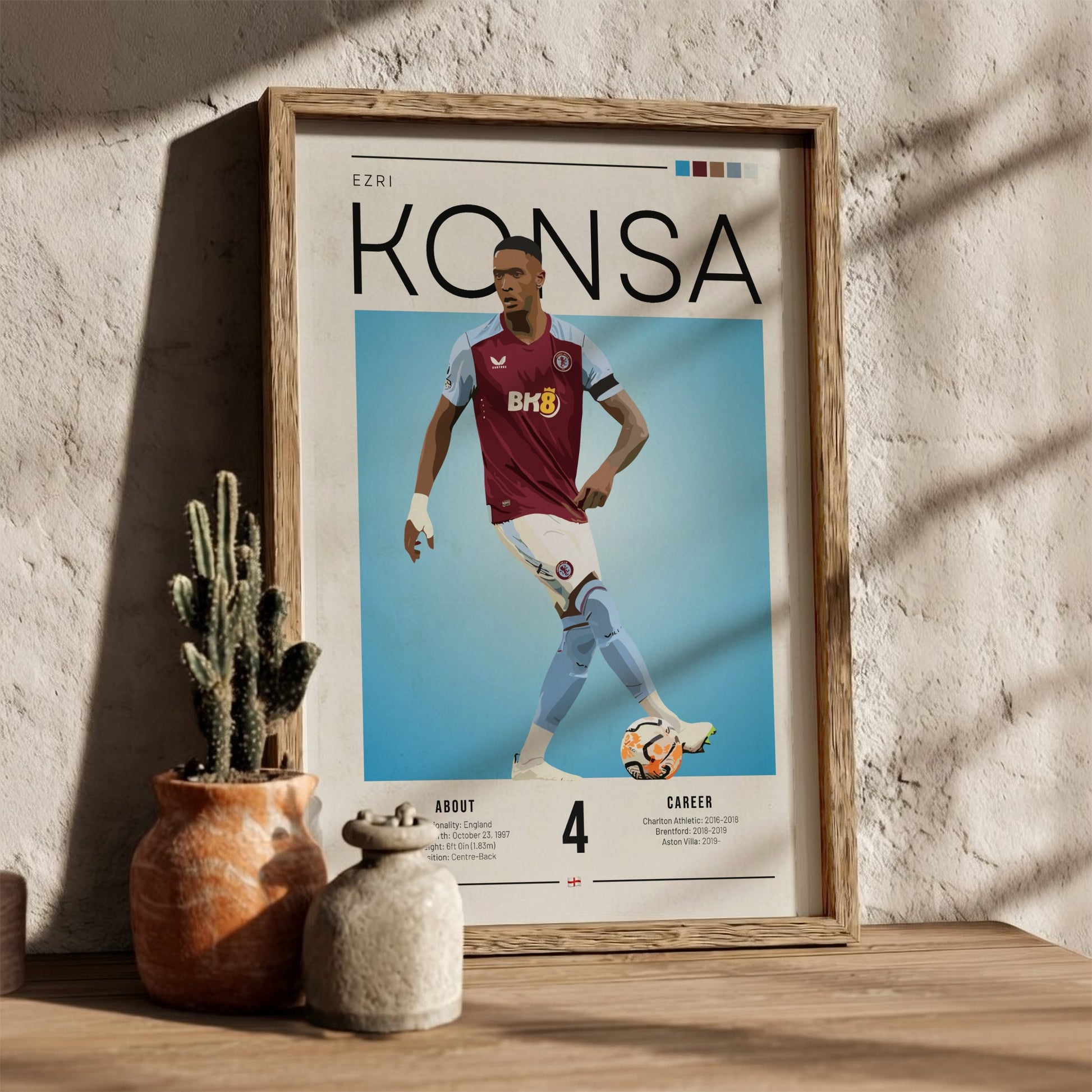 Ezri Konsa football poster showing player in Aston Villa shirt, vibrant colors and modern design for wall