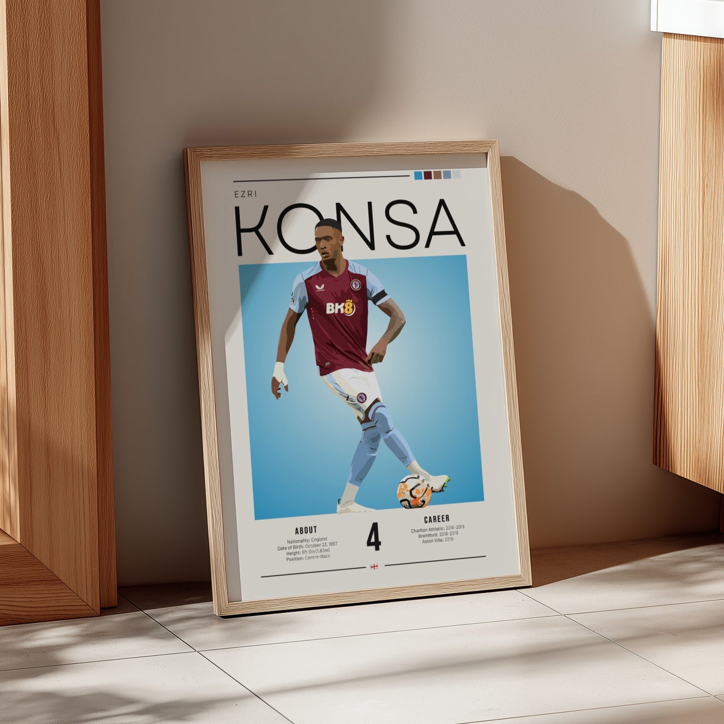 Ezri Konsa football poster showing player in Aston Villa shirt, vibrant colors and modern design for wall