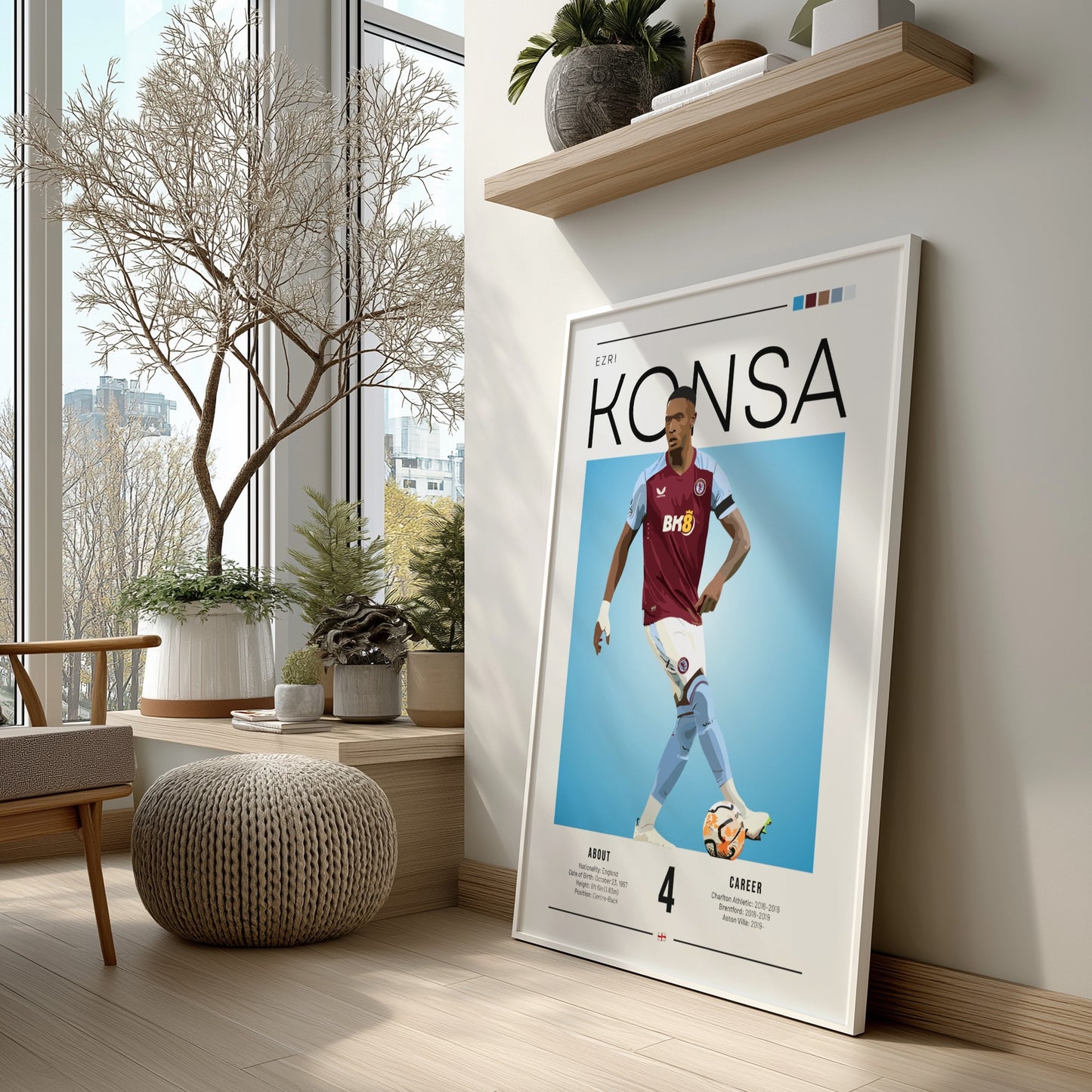 Ezri Konsa football poster showing player in Aston Villa shirt, vibrant colors and modern design for wall