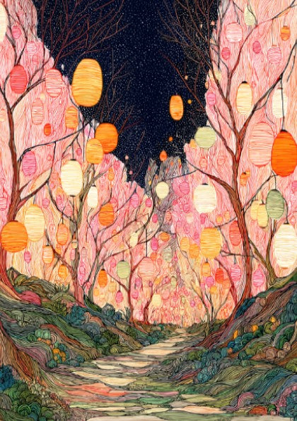 Blossom Tanuki Lantern wall art featuring a forest path lit by hanging lanterns.