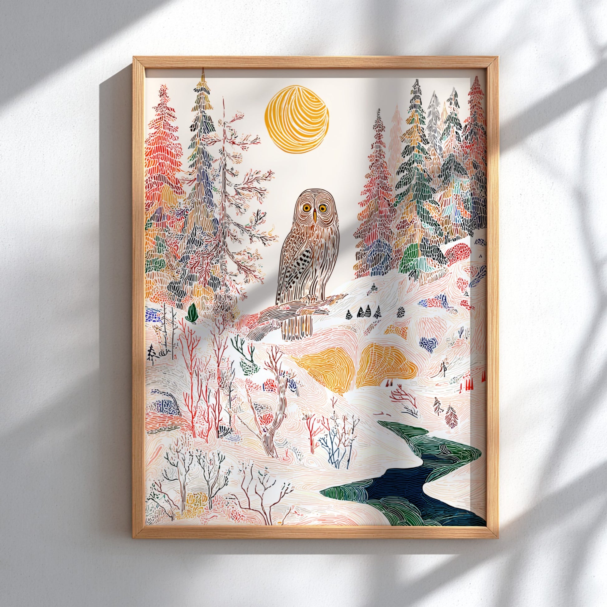Pine Owl Indigo forest poster with an owl on a branch, stylized trees, and a winding river.
