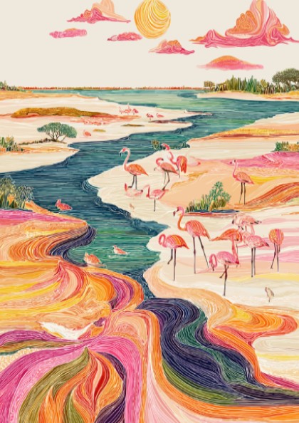 Vibrant art print of flamingos by a colorful river, with a stylized sun and clouds.