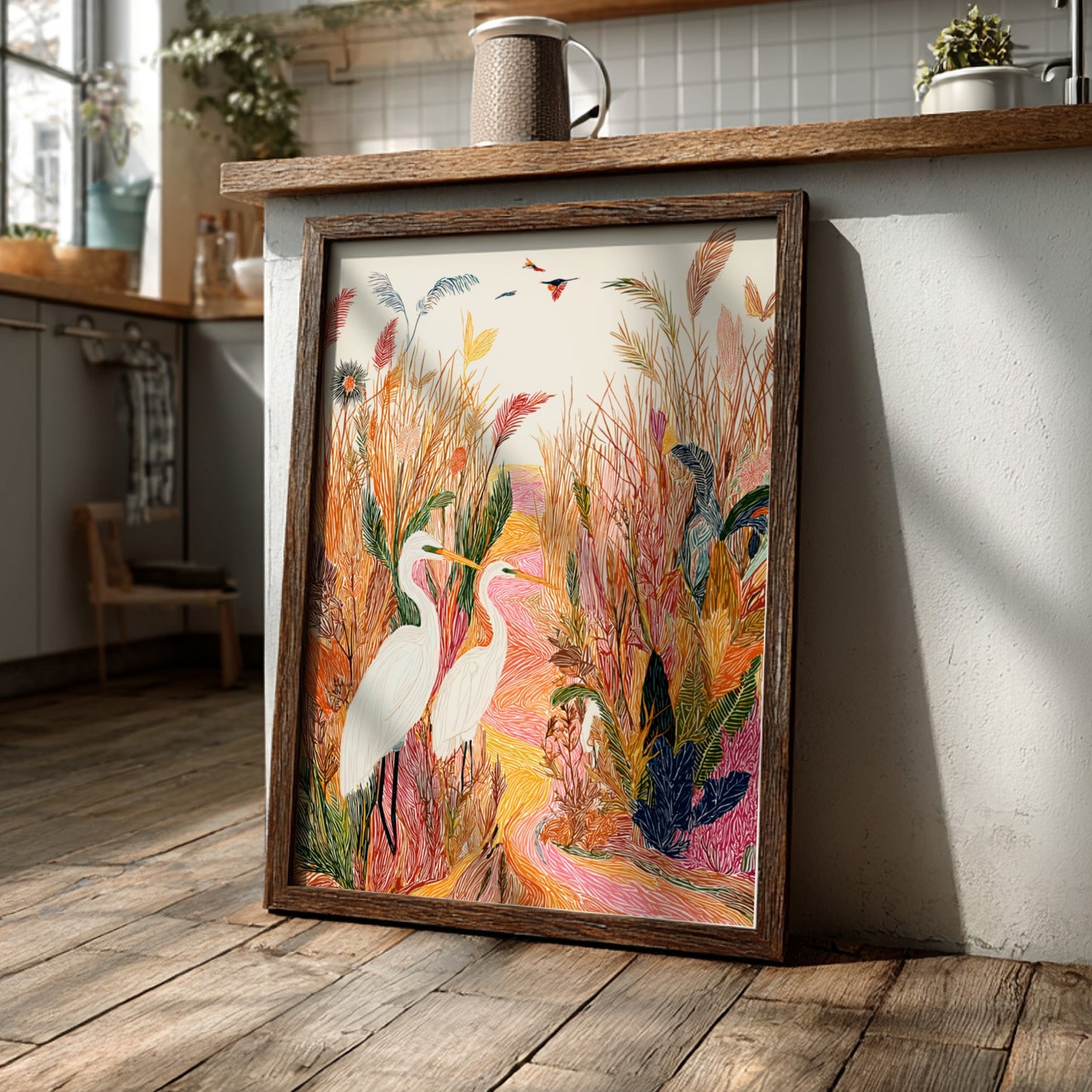 Salt Marsh Egret art print with two white egrets in a textured, colorful marsh landscape.