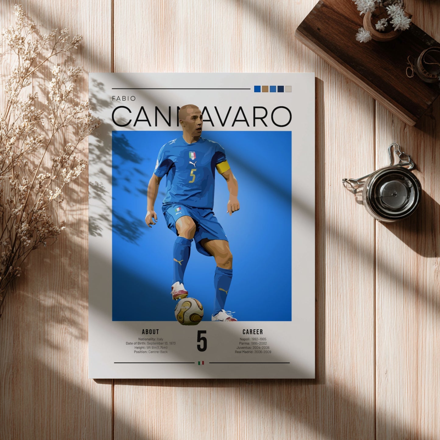 Fabio Cannavaro poster featuring vibrant blue background and dynamic football action, celebrating Italian