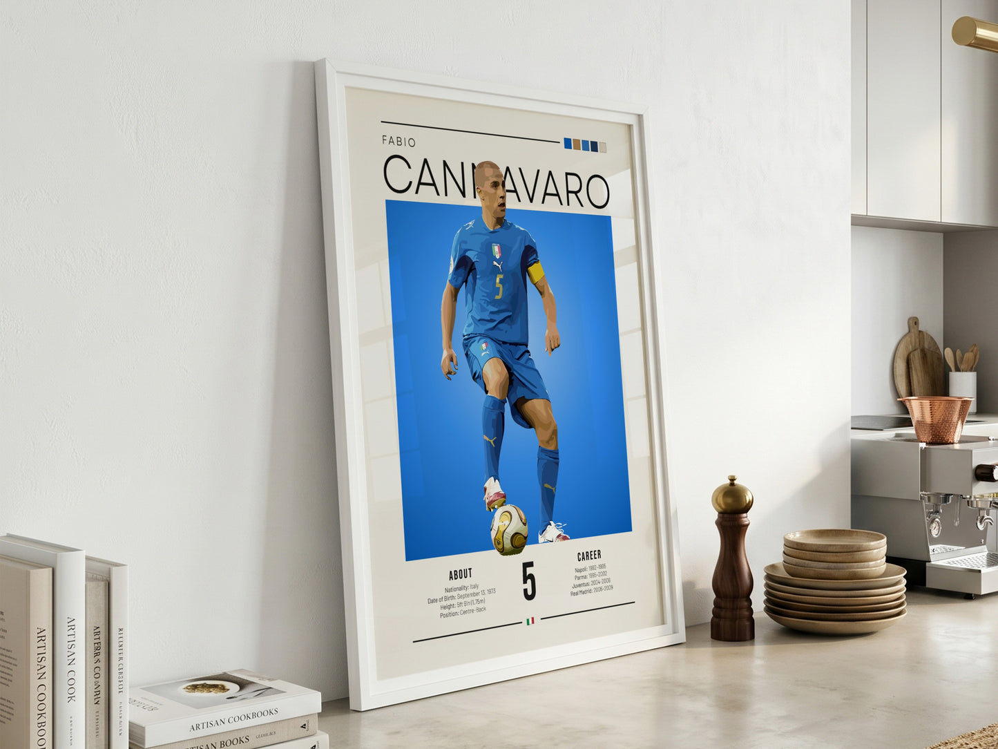 Fabio Cannavaro poster featuring vibrant blue background and dynamic football action, celebrating Italian