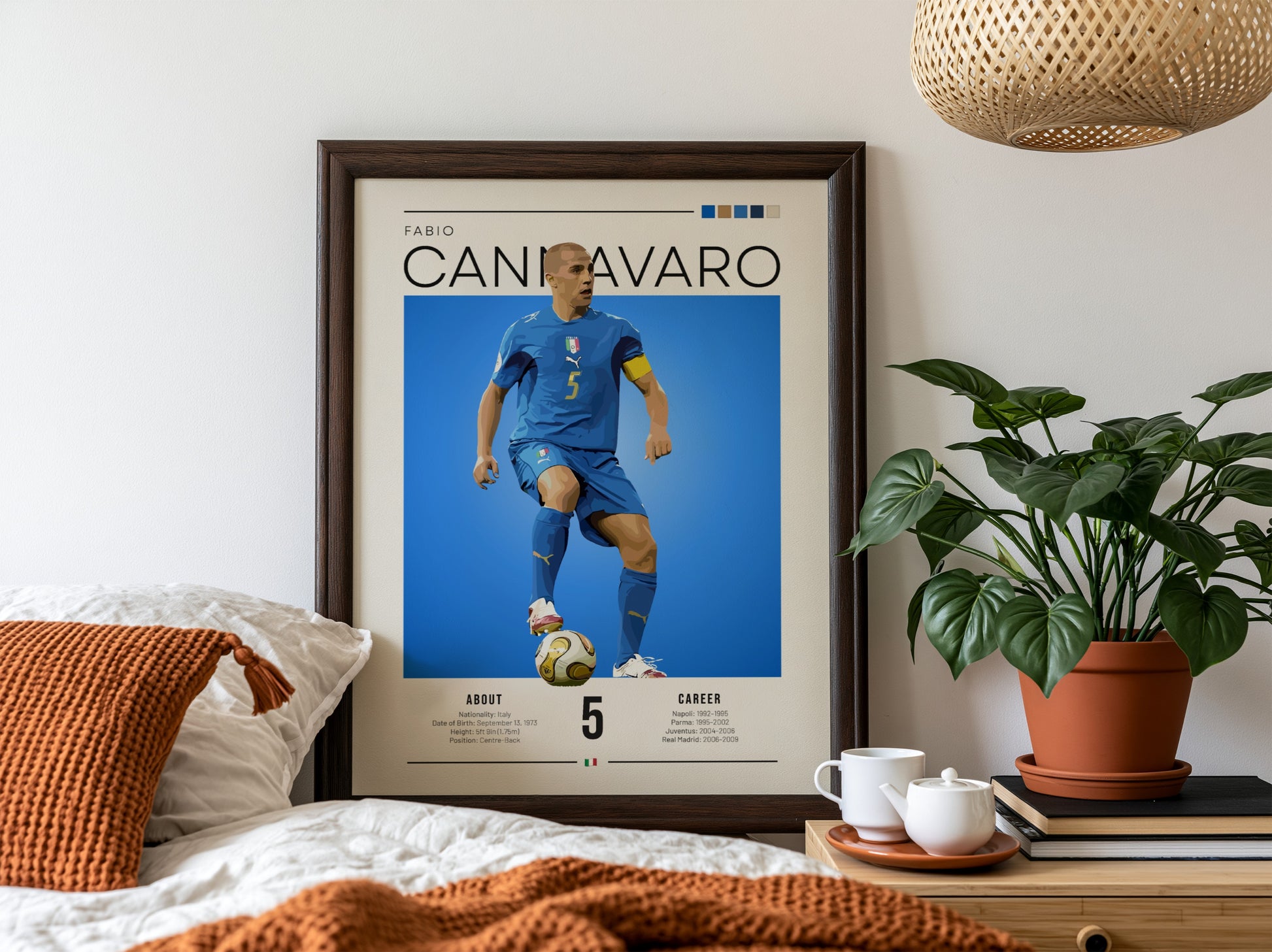 Fabio Cannavaro poster featuring vibrant blue background and dynamic football action, celebrating Italian