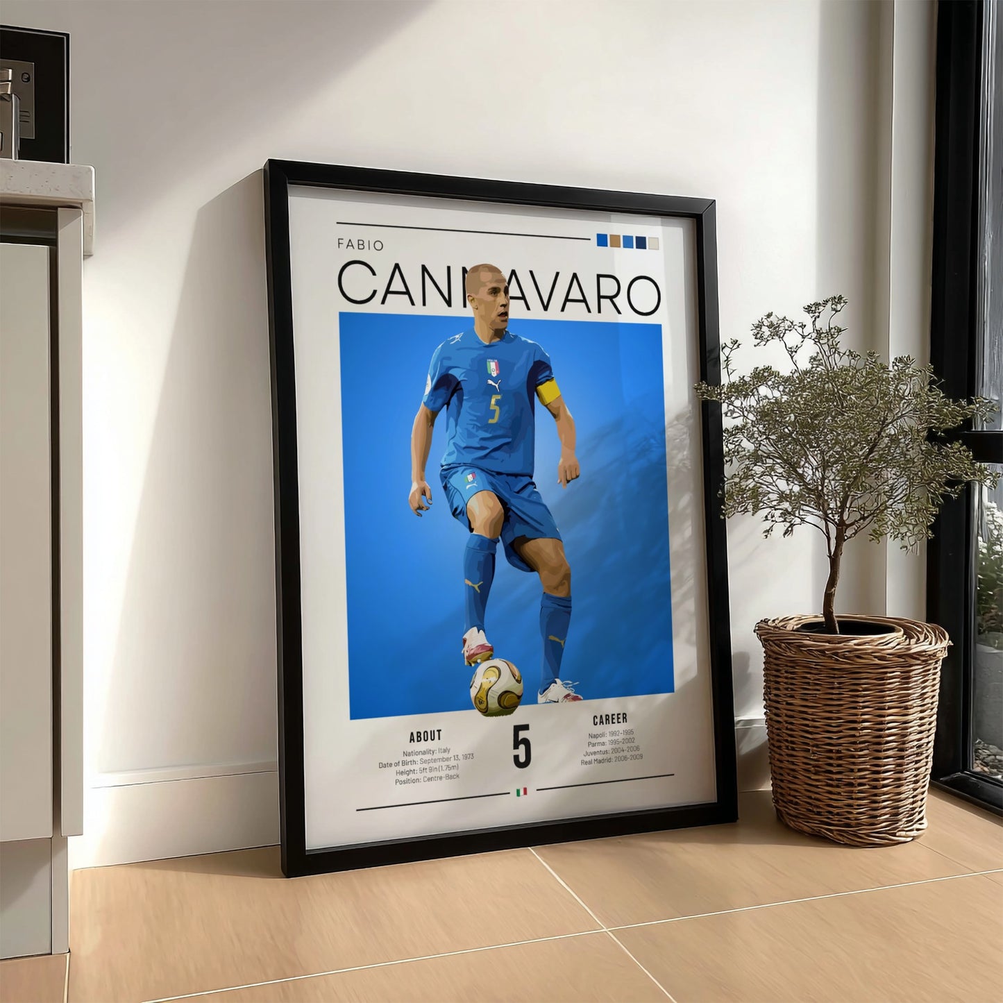 Fabio Cannavaro poster featuring vibrant blue background and dynamic football action, celebrating Italian