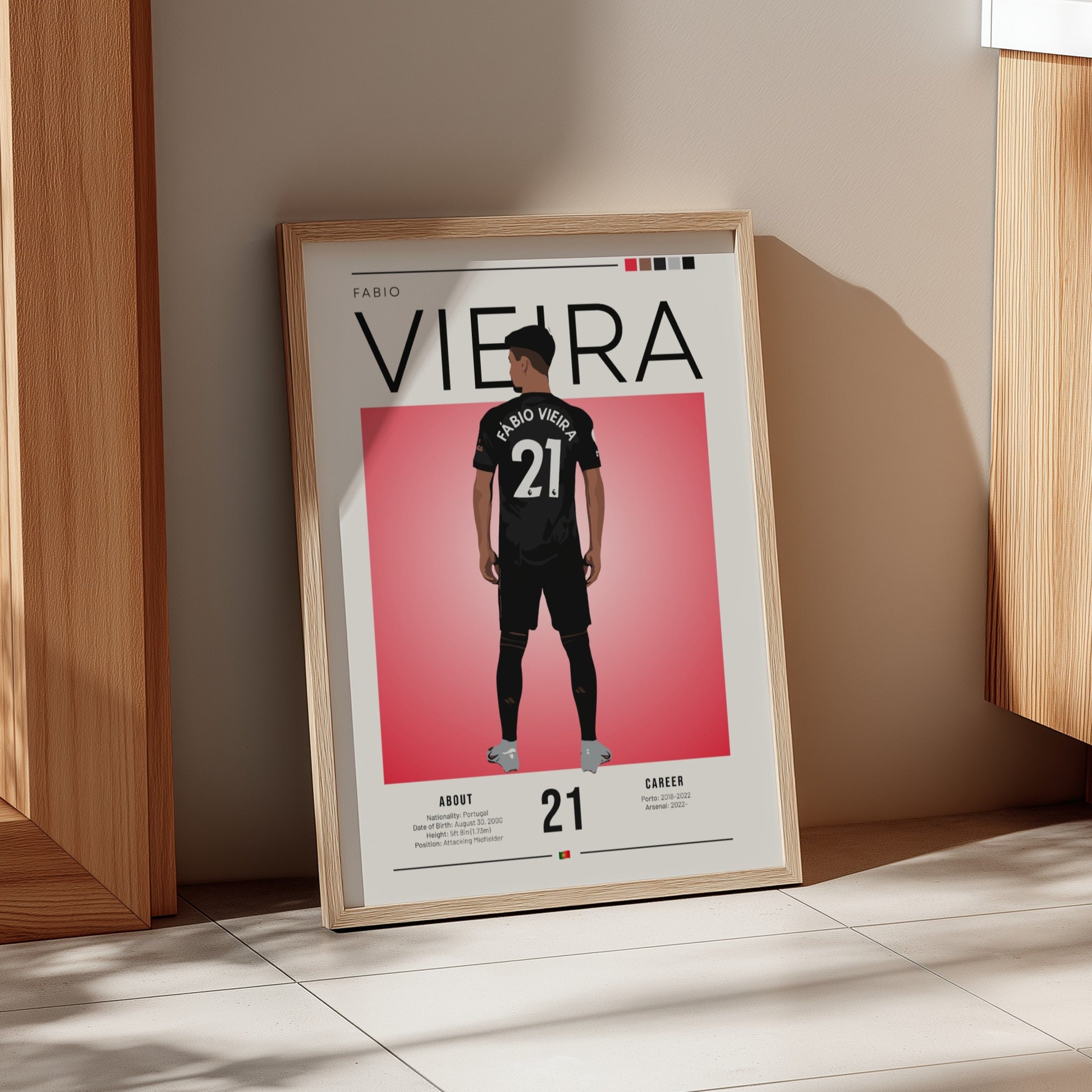 Fabio Vieira poster featuring minimalist design in black kit, modern sports wall art