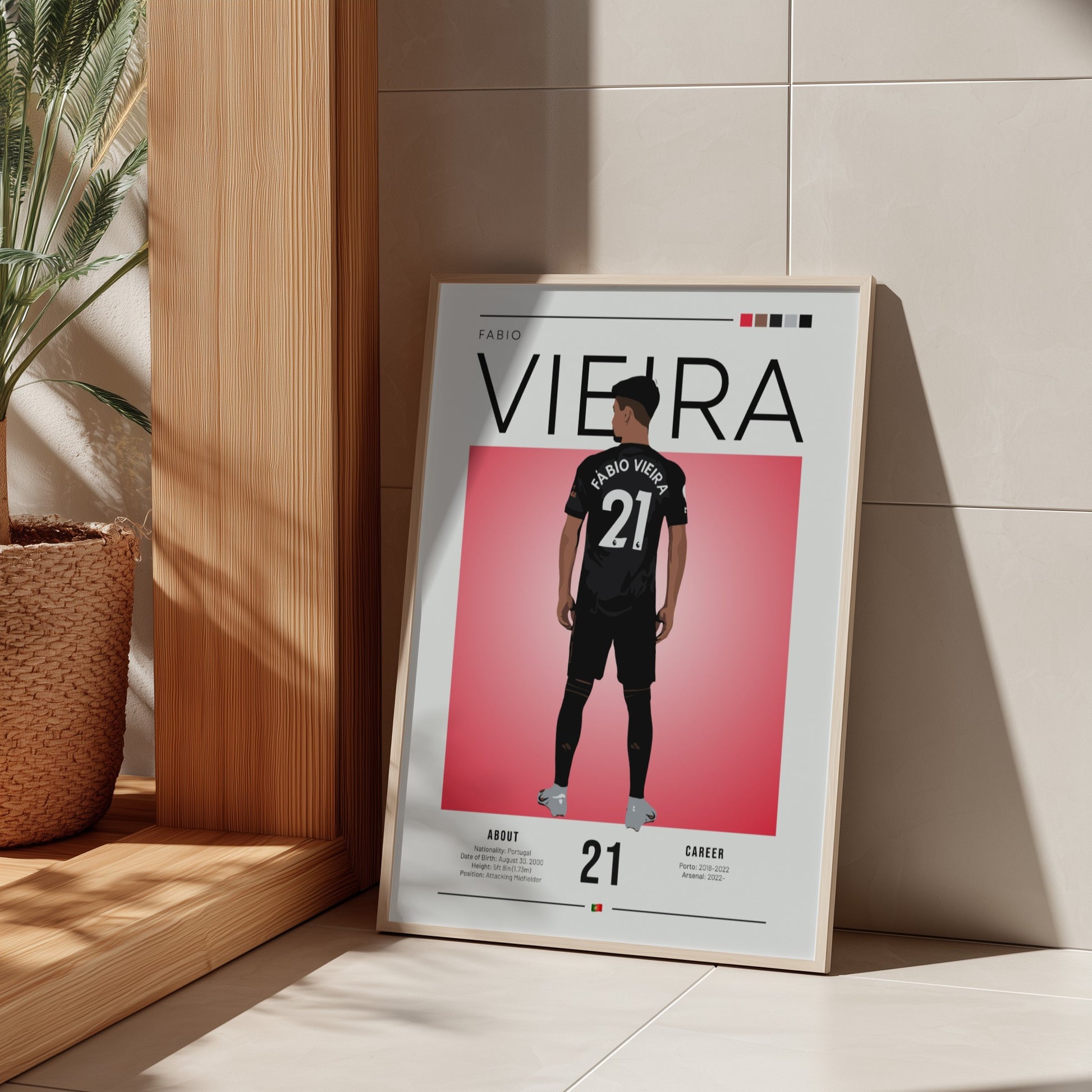 Fabio Vieira poster featuring minimalist design in black kit, modern sports wall art