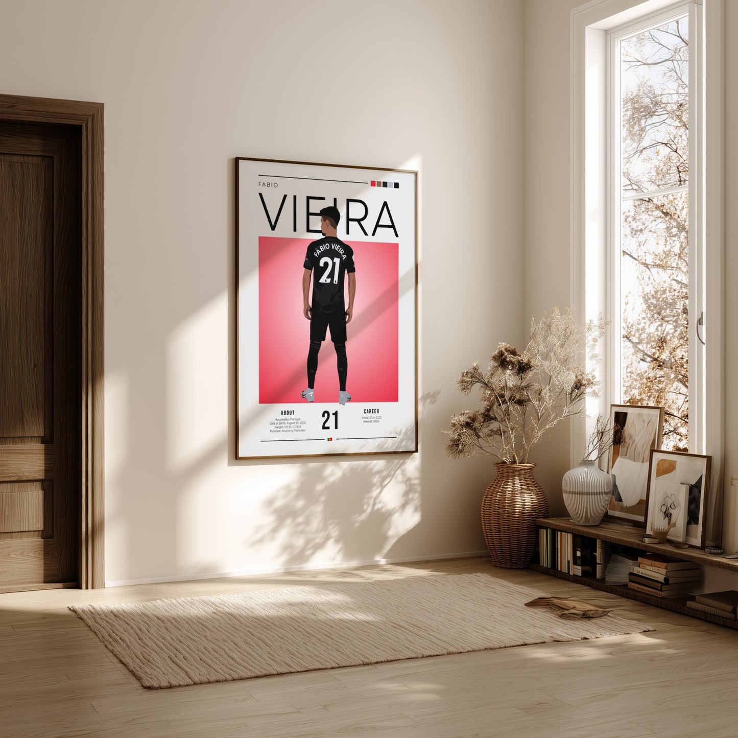 Fabio Vieira poster featuring minimalist design in black kit, modern sports wall art