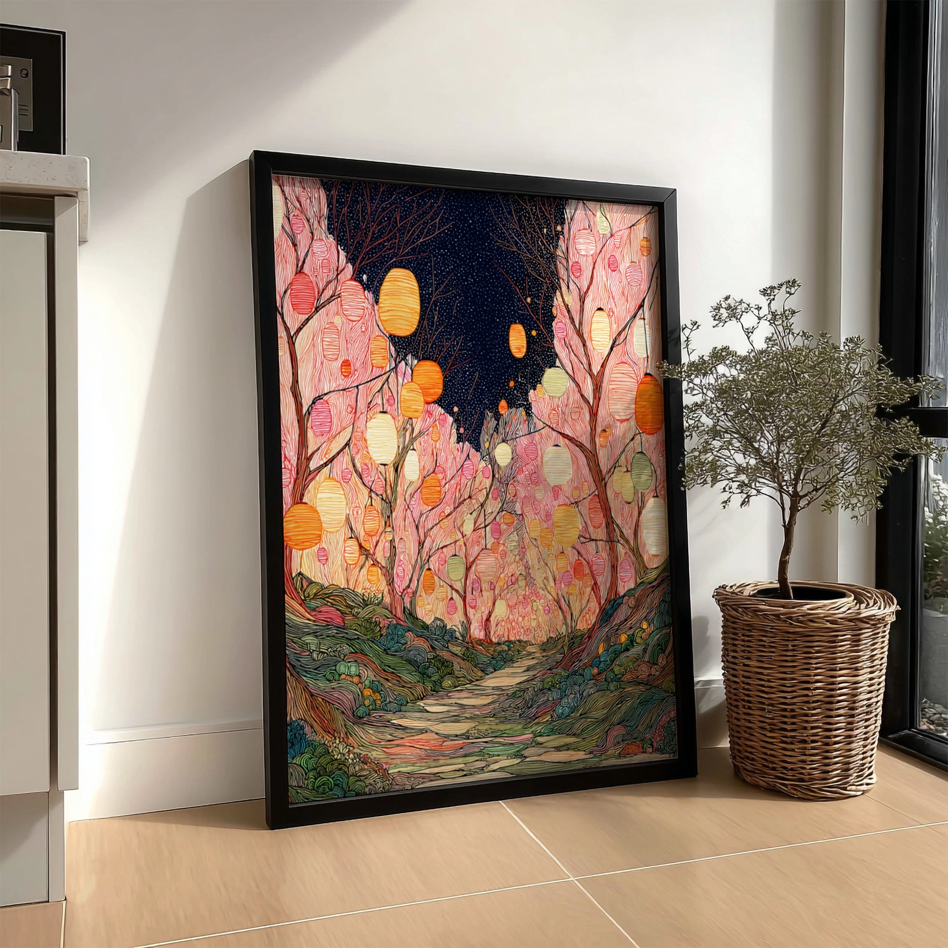 Blossom Tanuki Lantern wall art featuring a forest path lit by hanging lanterns.