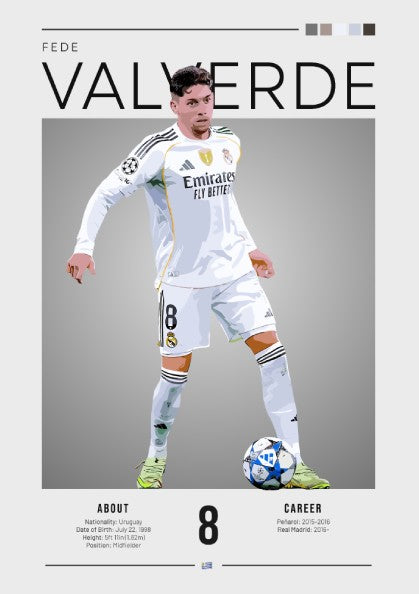 Fede Valverde poster featuring Real Madrid football shirt, dynamic pose, vibrant colors, sports wall decor