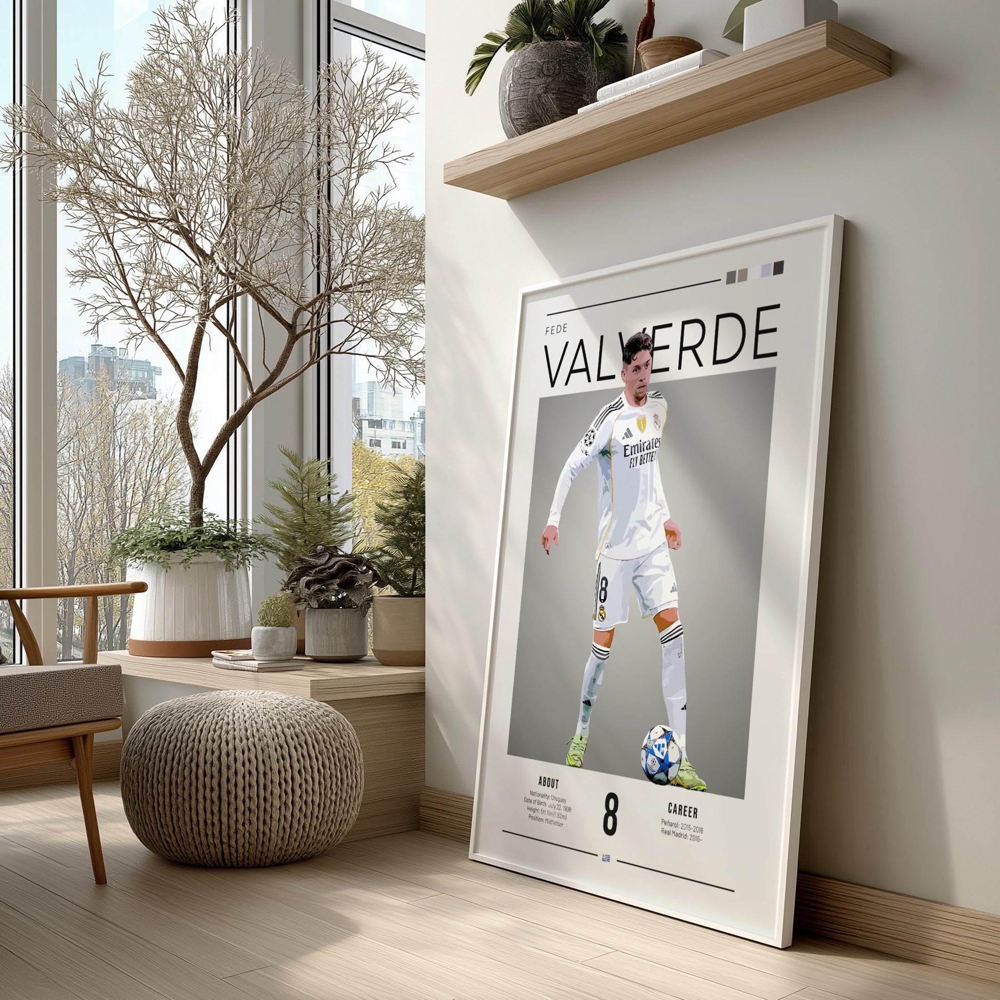 Fede Valverde poster featuring Real Madrid football shirt, dynamic pose, vibrant colors, sports wall decor