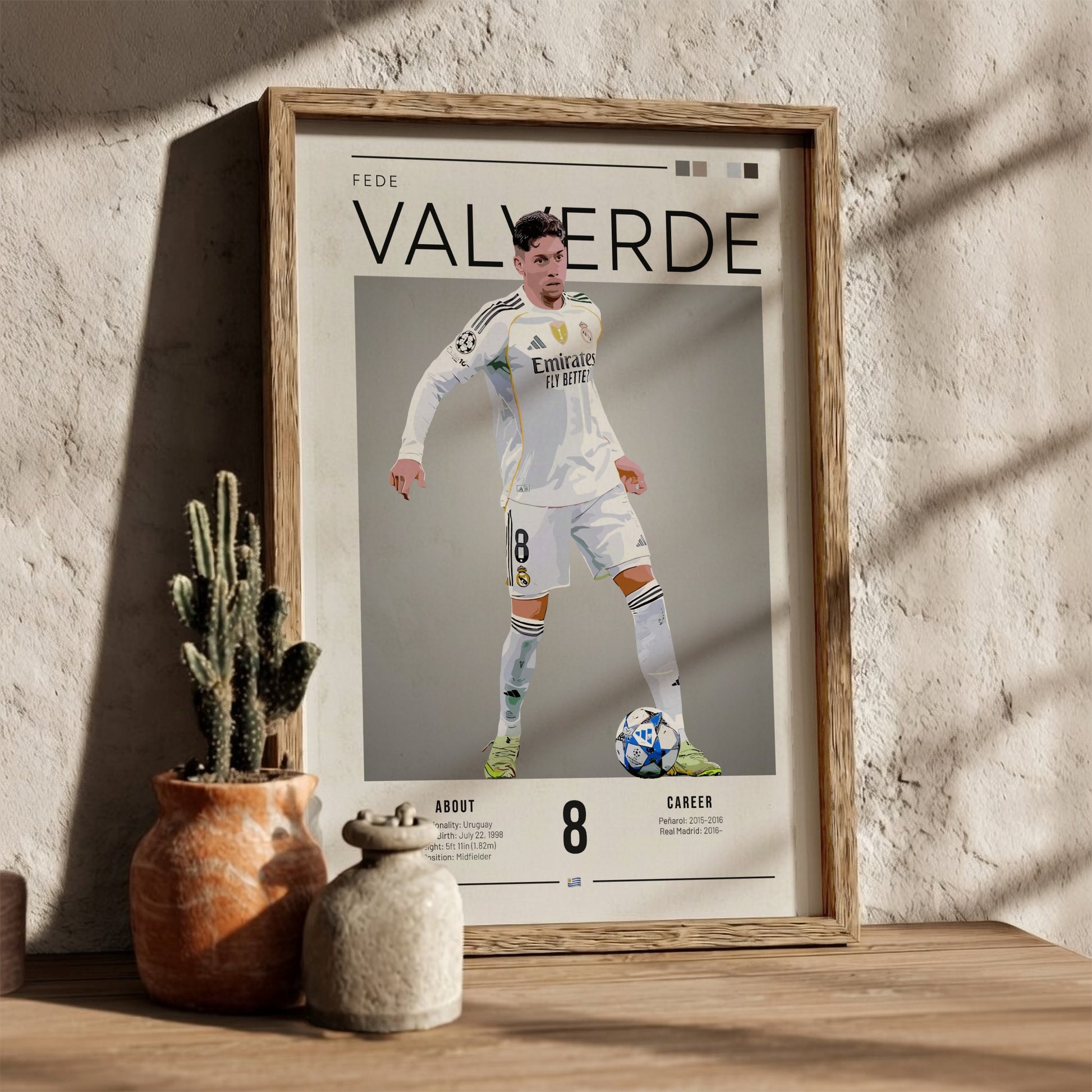 Fede Valverde poster featuring Real Madrid football shirt, dynamic pose, vibrant colors, sports wall decor