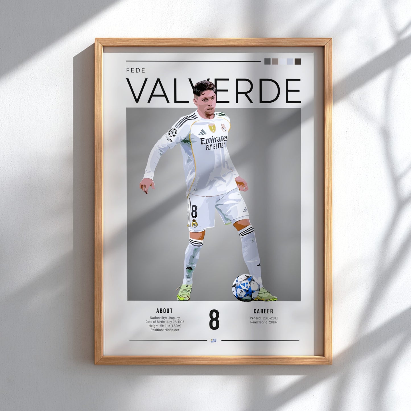 Fede Valverde poster featuring Real Madrid football shirt, dynamic pose, vibrant colors, sports wall decor