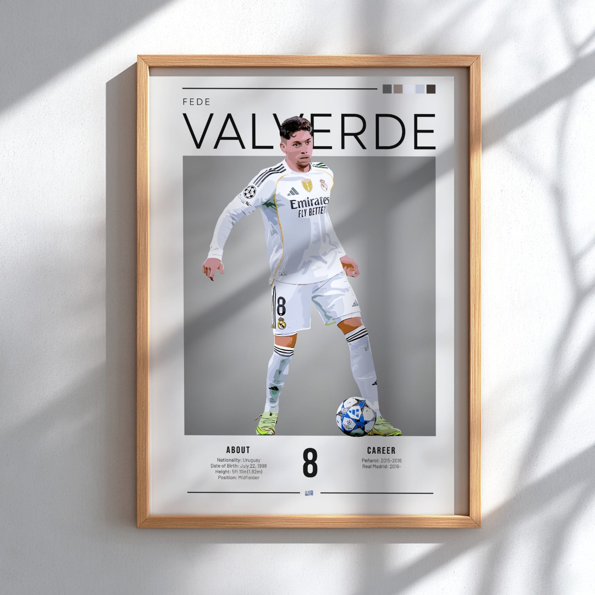 Fede Valverde poster featuring Real Madrid football shirt, dynamic pose, vibrant colors, sports wall decor