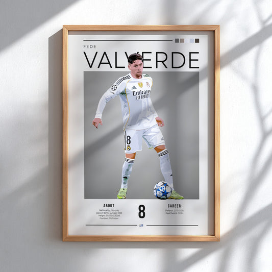 Fede Valverde poster featuring Real Madrid football shirt, dynamic pose, vibrant colors, sports wall decor