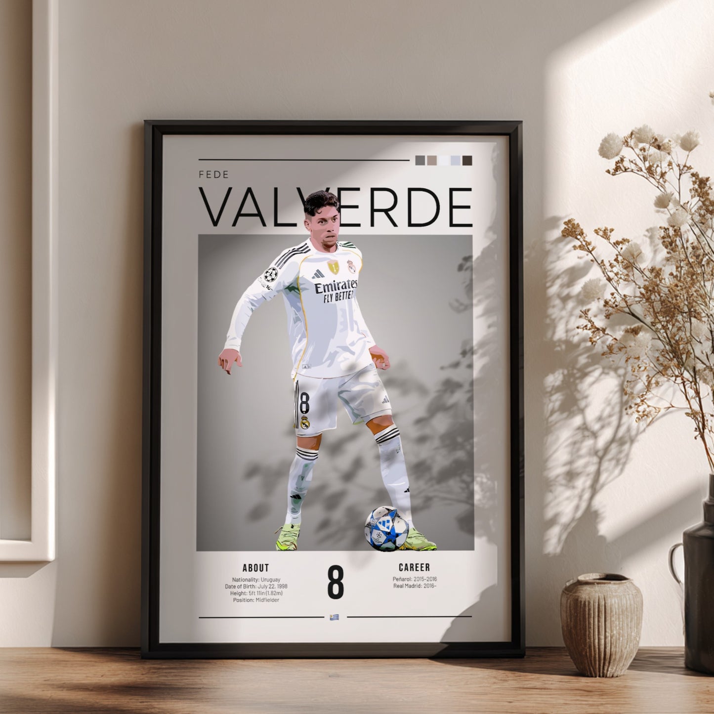 Fede Valverde poster featuring Real Madrid football shirt, dynamic pose, vibrant colors, sports wall decor