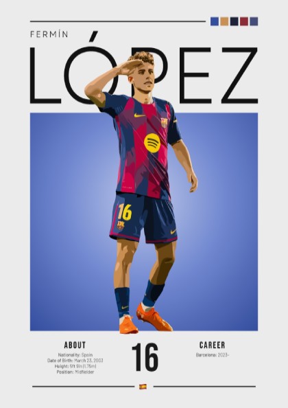 Fermín López art print featuring vibrant colors and dynamic pose in Barcelona kit, perfect for sports
