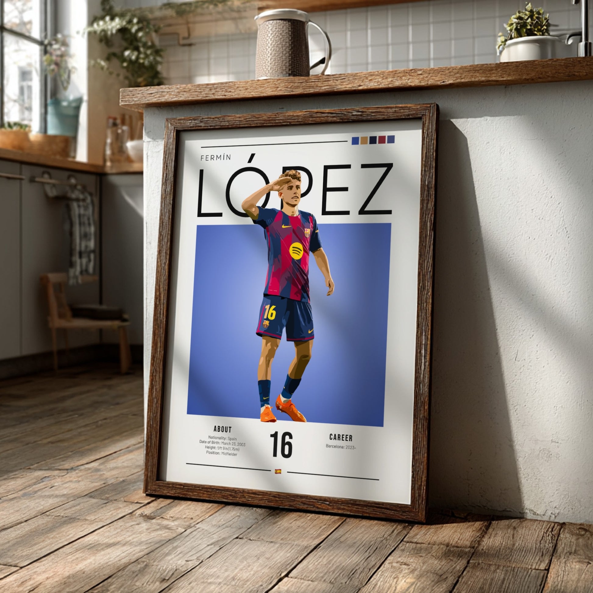 Fermín López art print featuring vibrant colors and dynamic pose in Barcelona kit, perfect for sports